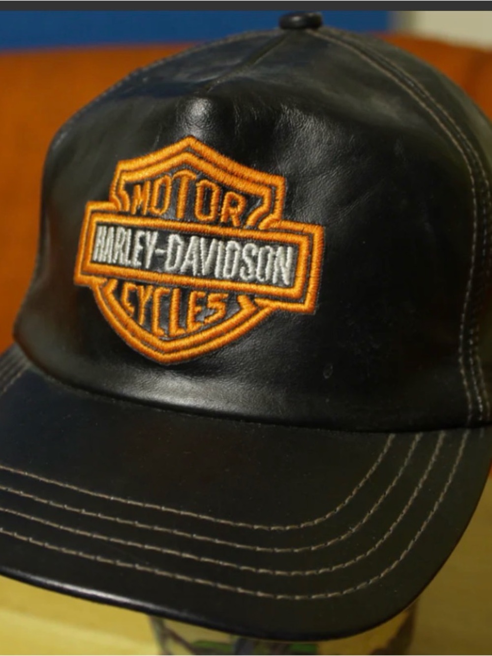 Harley-Davidson Vintage Black Leather Cap with Orange Logo Patch